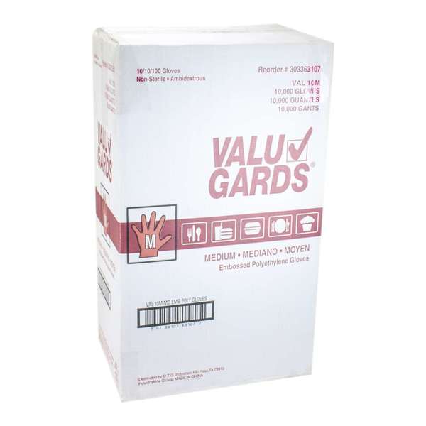 Valugards Econo Poly, Poly Disposable Gloves, Poly, M, 10000 PK, Clear 303363107